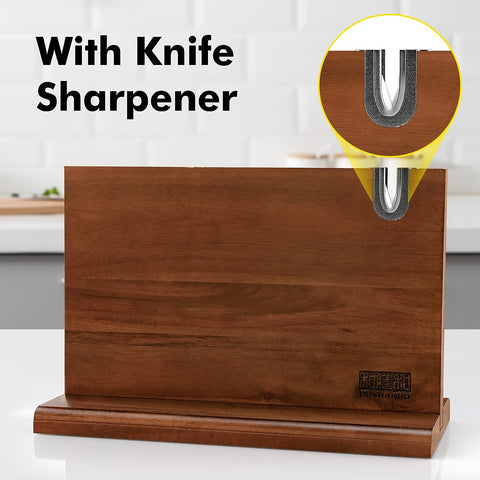 Image of Magnetic Knife Block 14 X 10 Inches, Double Sided Magnetic Knife Holder Rack for Kitchen Counter, Acacia Wood Magnetic Knife Storage Stand with Knife Sharpener