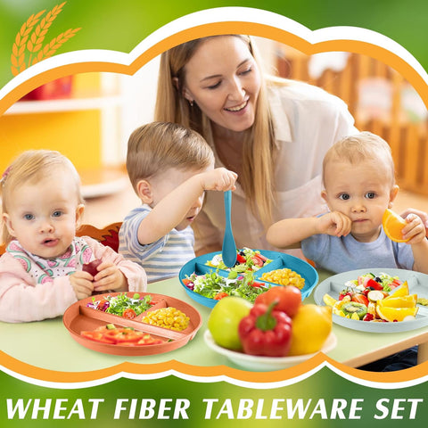 Image of 8 Set Unbreakable Wheat Straw Divided Dinner Plates 9 Inch Wheat Plastic Gridded Dinner Plates with Spoon Knife Fork Microwave Dishwasher Safe Wheat Straw Dinnerware Set for Kids Picnic Kitchen