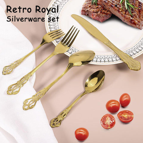 Image of Gold Silverware Set for 4, Stainless Steel Gorgeous Retro Royal Flatware Set, 20-Pieces Cutlery Tableware Set, Kitchen Utensils Set Include Spoons and Forks Set, Mirror Finish, Dishwasher Safe