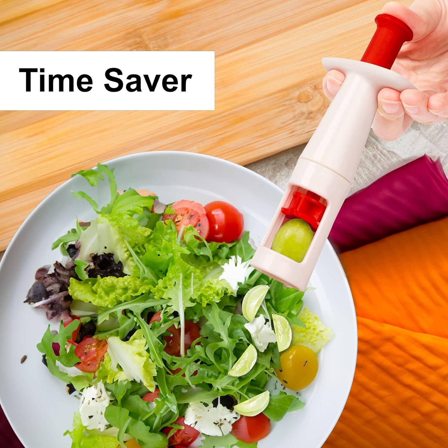 Grape Cutter for Kids - Cuts Small Grapes, Tomatoes, Pitted Olives into 4 Pieces for Vegetable Fruit Salad. Easy to Clean with 2 Cleaning Brushes. Essential Kitchen Accessory