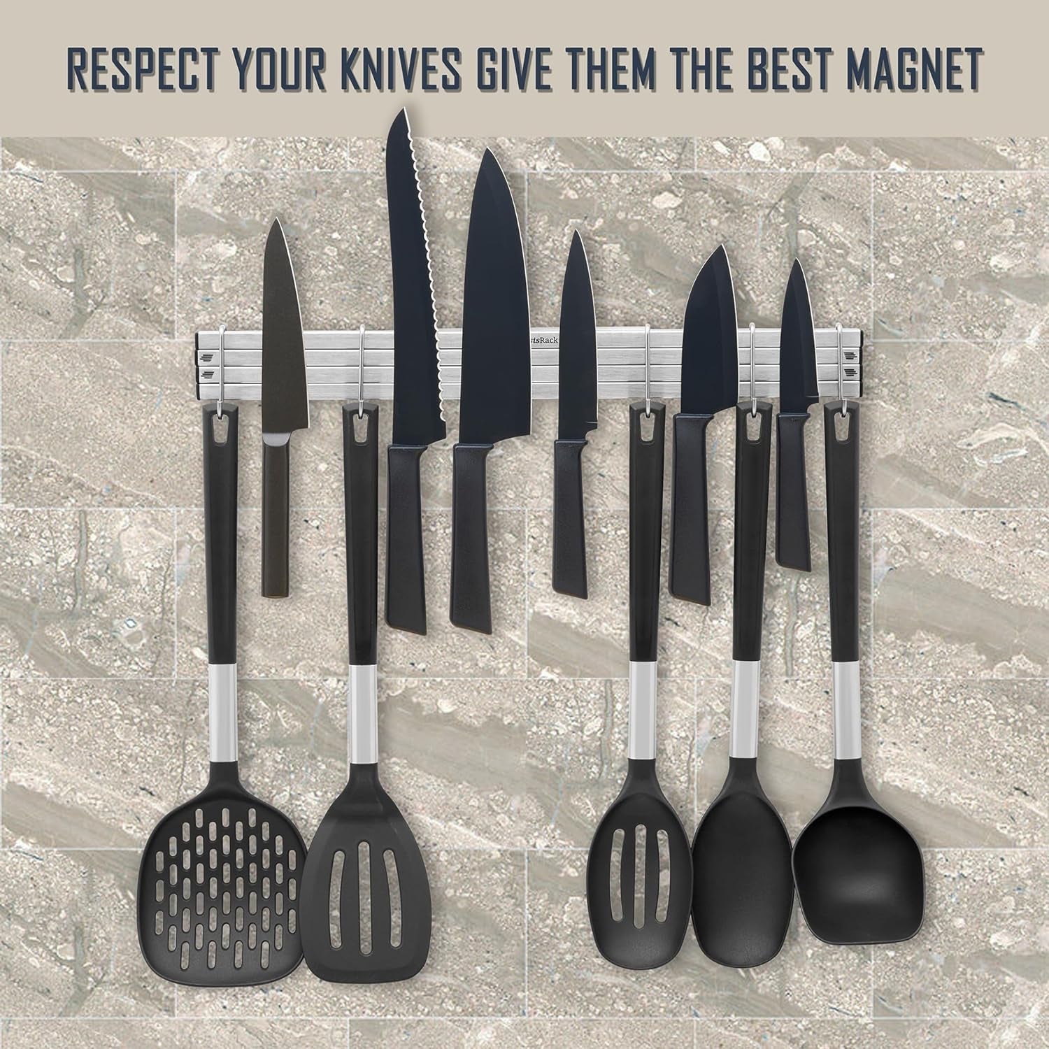 Magnetic Knife Holder for Wall 16'' up to 30 Inches Extended. New Generation of Knife Magnetic Strip Rack with 10 Hooks, Kitchen Utensils Organizer. 4 Powerful Magnet for All Tools Holder