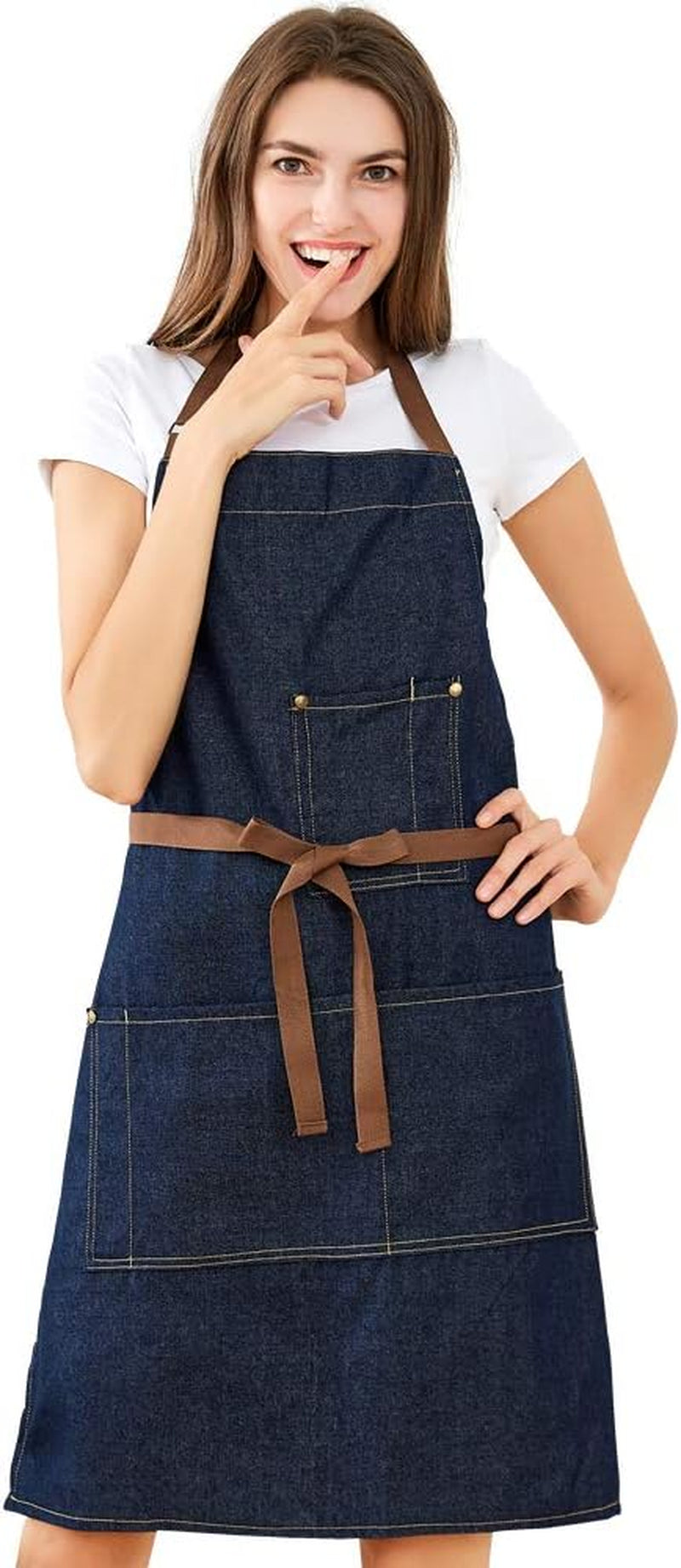 Blue Adjustable Denim Jean Kitchen Apron with 5 Pockets for Women Men Optimized Upgrade(Denim)
