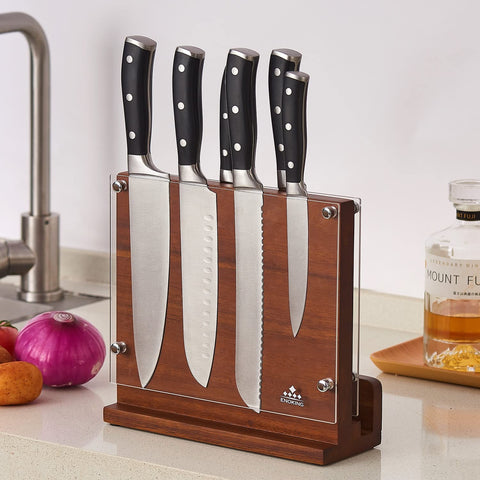 Image of Magnetic Knife Block with Acrylic Shield, Double Side Kitchen Knife Holder without Knives- Acacia Wood Universal Knife Storage Organizer with Powerful Magnet for Kitchen Counter