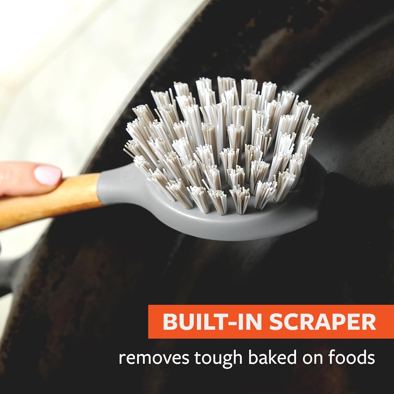 Tenacious C Cast Iron Brush and Scraper with Bamboo Handle – Skillet Scrubber with Tough Nylon Bristles, Grey, One Size, Gray