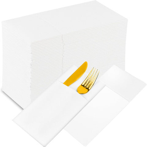 Image of 200 Pack  White Paper Napkins, Disposable Dinner Wedding Napkins for Reception, Built in Flatware Pocket Guest Towels