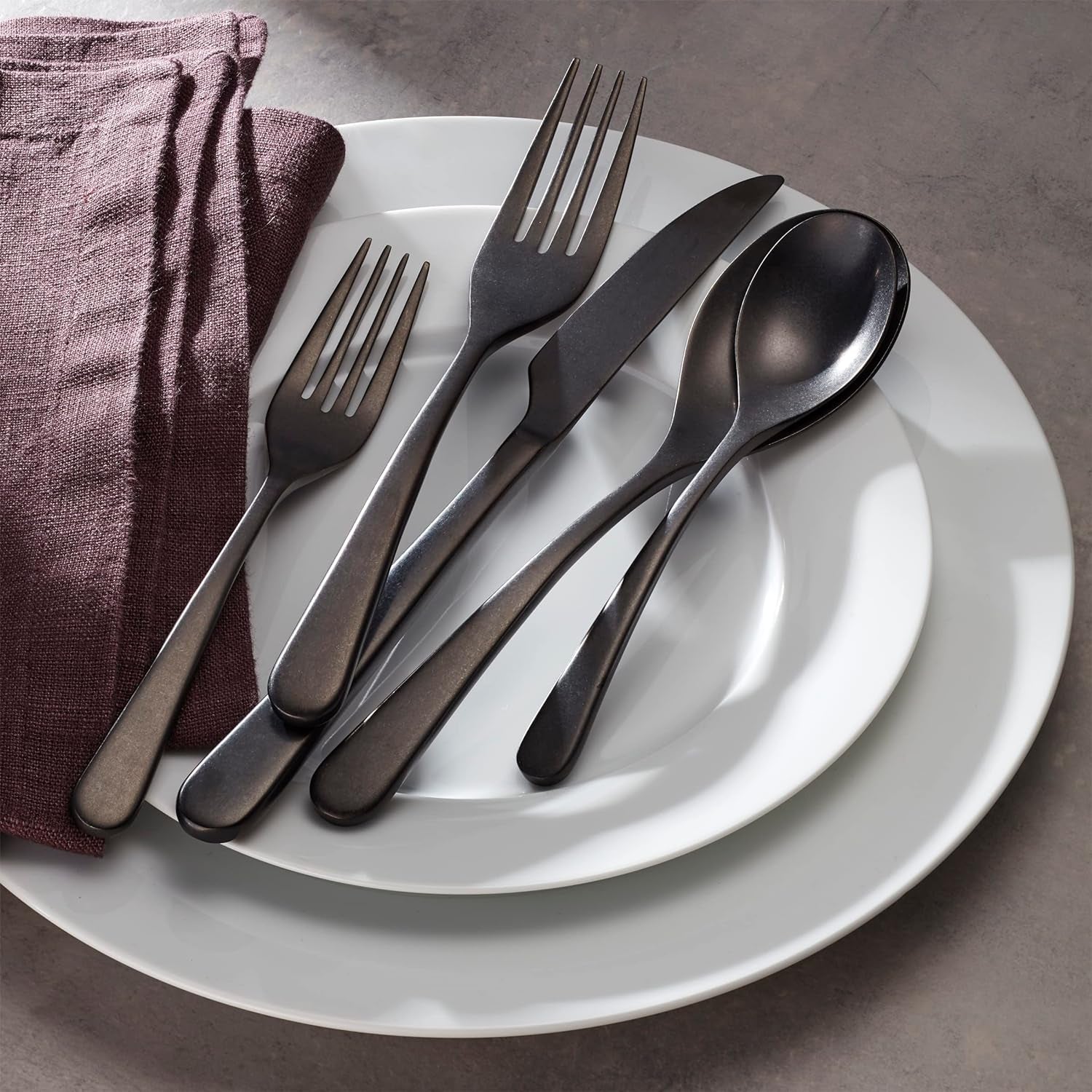 894805 Kenbrook Black Tumbled 20 Piece Everyday Flatware Set, Service for 4