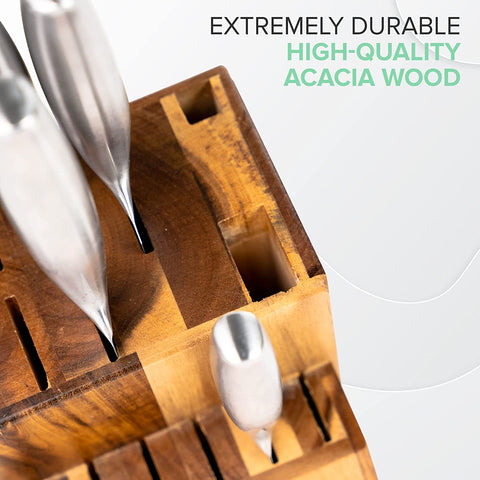 Image of Acacia Wood Kitchen Knife Block - Professional Quality Wood Knife Organizer - Convenient & Secure Knife Stand to save Space & Keep Knives Neat & Sharp - Knife Blocks for Kitchen Knife Storage