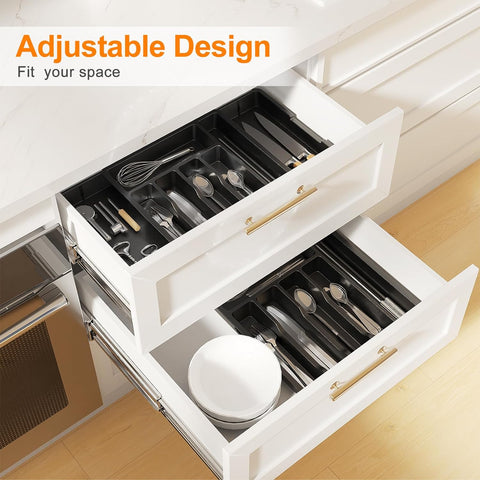 Image of Expandable Silverware Drawer Organizer, Adjustable Kitchen Flatware Organizer with Removable Dividers, Large Capacity Utensil Holder, Cutlery Tray for Kitchen Office Bathroom Supplies(Black)