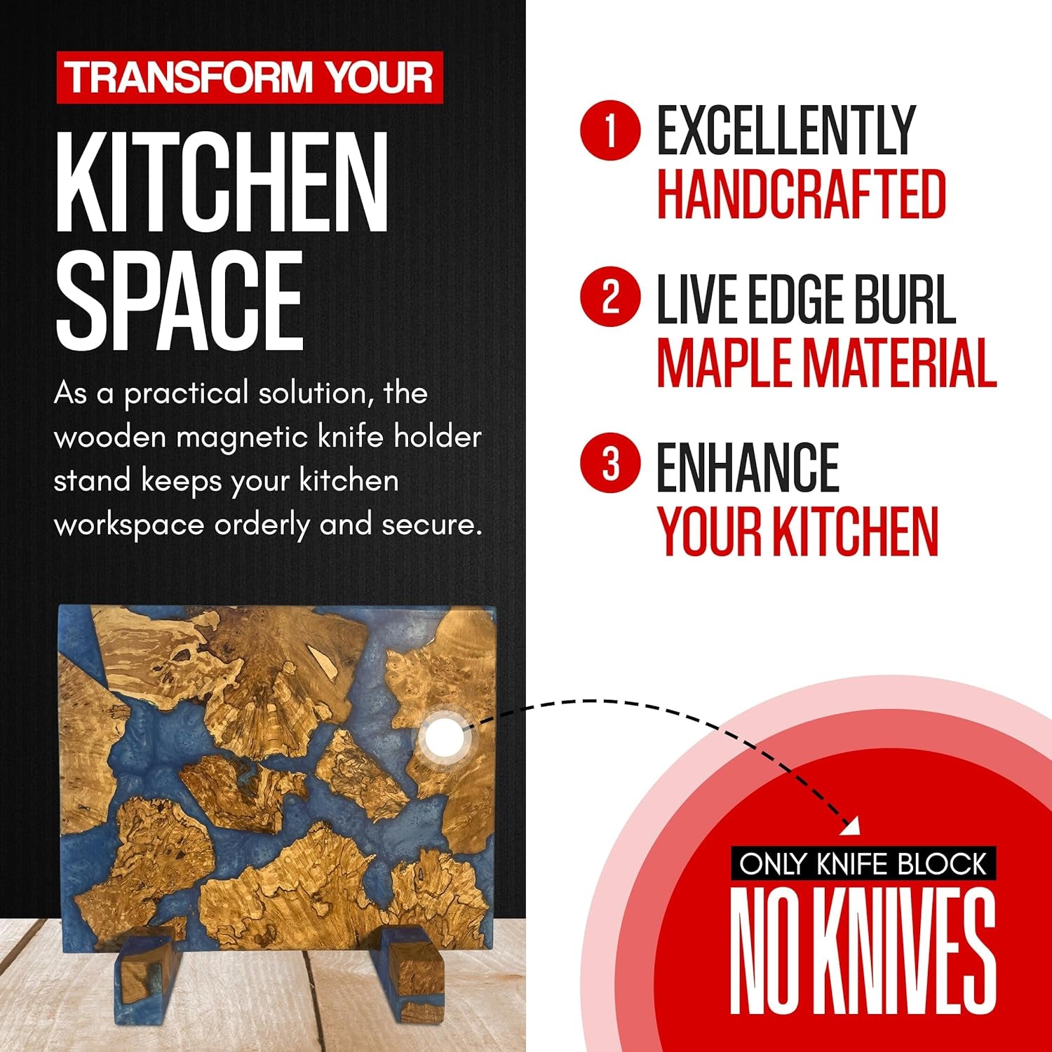 Magnetic Knife Block without Knives - Magnetic Knife Holder | Magnetic Knife Block for Kitchen Counter| Wooden Block Knife Holder | Kitchen Knife Magnetic Holder | Magnet Knife Block (Azure Blue)