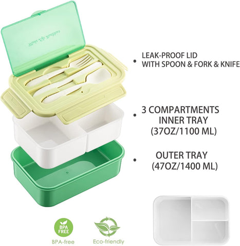 Image of Bento Box for Kids and Adults, Lunch Box 37Oz Food Storage Container with Fork & Spoon, Knife, BPA Free, Microwave, Dishwasher Freezer Safe (Green)