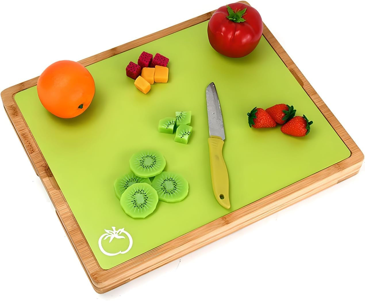 Large Bamboo Wood Cutting Board Set with 6 Color-Coded Flexible Cutting Mats with Food Icons to Prevent Cross-Contamination - Ultimate Culinary Chopping Board Set
