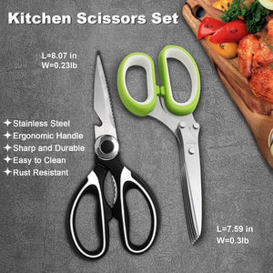 Kitchen Scissors Set, Heavy Duty Kitchen Scissors Stainless Steel, Sharp Kitchen Shears & Herb Scissors with Cover for Food Meat Cutting - 2 Pack