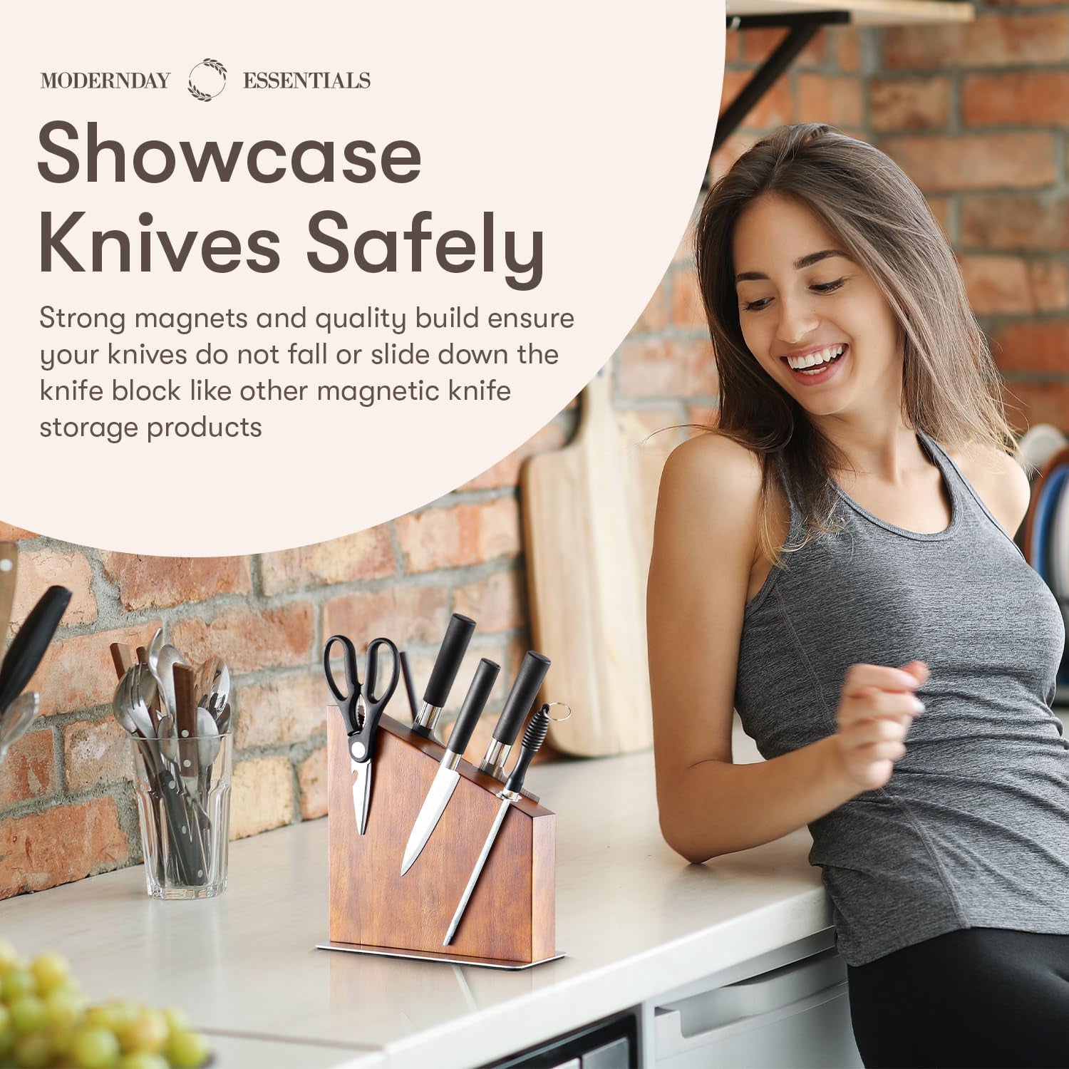 , Knife Stand, Magnetic Knife Display for Safe Storage, Magnetic Knife Block, Knife Block Holder Rack Magnetic Stand with Strong Enhanced Magnets, Made with Natural Dark Wood