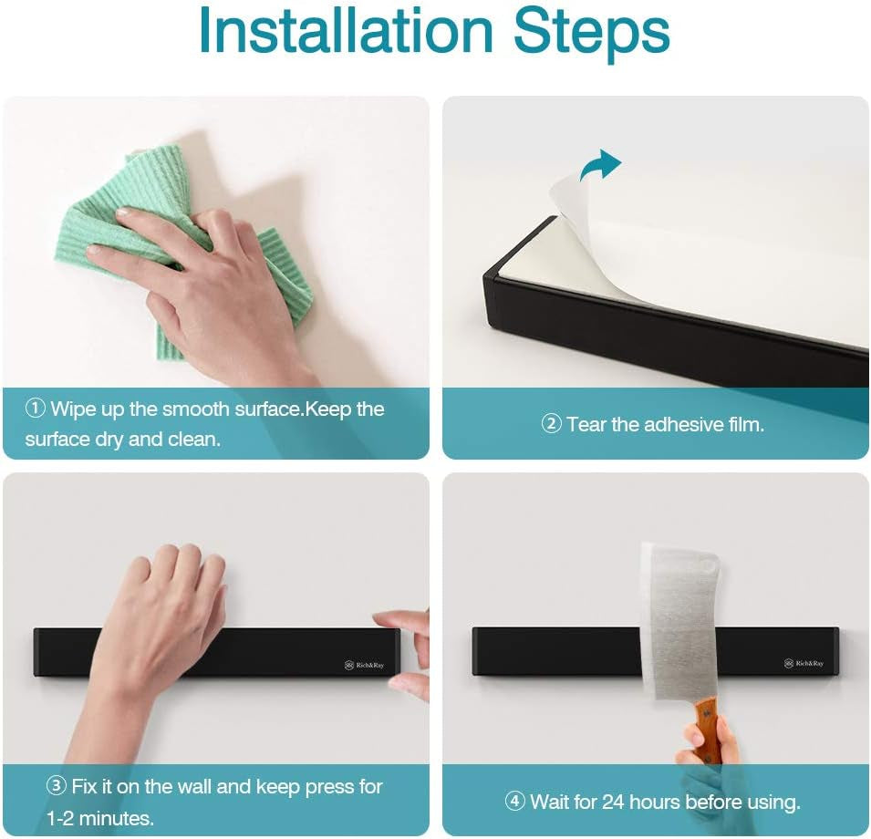 12 Inch Knife Magnetic Strip No Drilling, Kitchen Knife Magnetic Holder for Wall, Kitchen Accessories Organizer Bar or Used in Organizing Tools (Stainless Steel-12 Inch, Black)