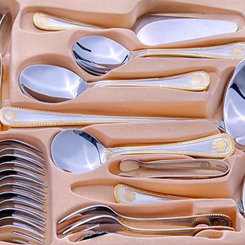 Image of Royal Family Collection 72 Piece Fine Flatware Silverware Set with Gift Carrying Case, Elegant Design, Serves Parties 12 People, Perfect Housewarming Graduation for Loved Ones, Gold