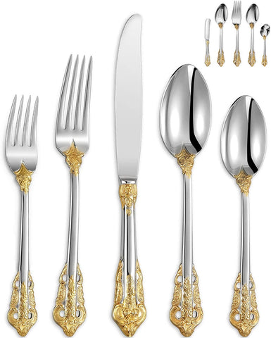 Image of Luxury 65 Pieces 18/10 Stainless Steel Flatware Set, Service for 12, Silver Plated with Gold Accents, Fine Silverware Set and Dishwasher Safe