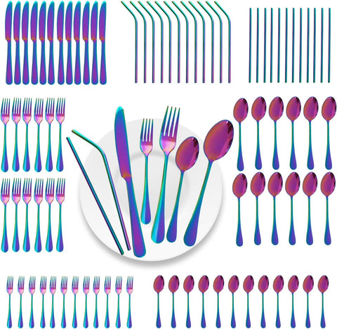 Image of 84 Pieces Mirror Rainbow Silverware Service for 12 Flatware Set Stainless Steel Utensils Cutlery Set Dishwasher Safe