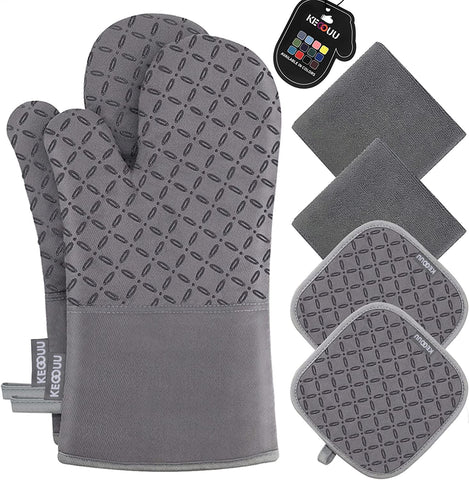 Image of Oven Mitts and Pot Holders 6Pcs Set, Kitchen Oven Glove High Heat Resistant 500 Degree Extra Long Oven Mitts and Potholder with Non-Slip Silicone Surface for Cooking (Grey)