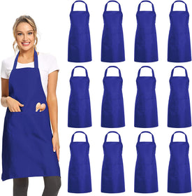 12 Pack Plain Bib Aprons with 2 Pockets - Blue Unisex Commercial Apron Bulk for Kitchen Cooking Restaurant BBQ Painting Crafting