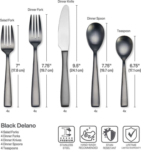 Image of Delano Black Satin 20-Piece Stainless Steel Flatware Set, Service for 4