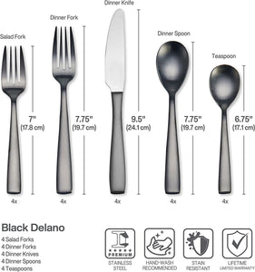 Delano Black Satin 20-Piece Stainless Steel Flatware Set, Service for 4