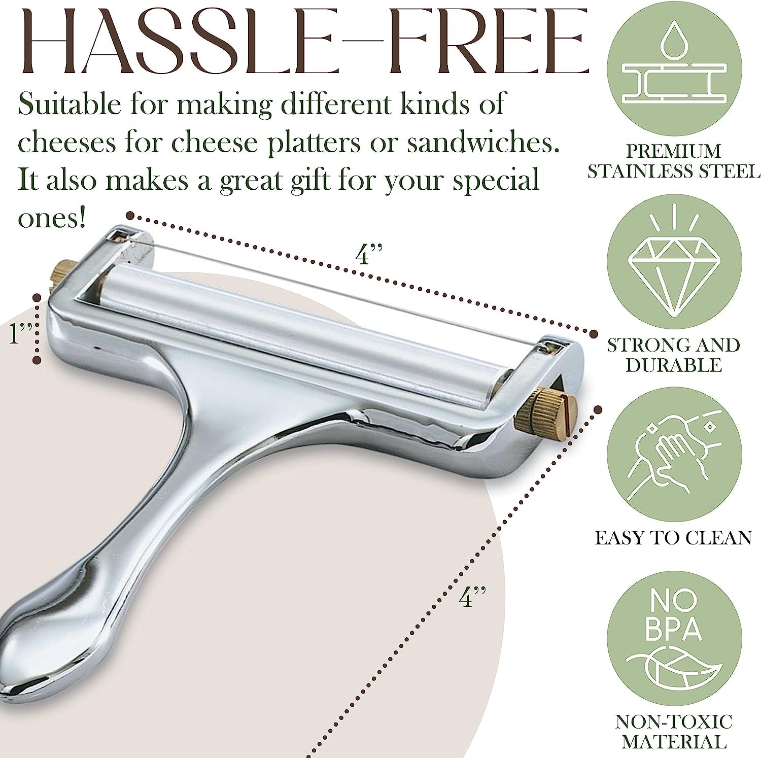 Stainless Steel Wire Cheese Slicer - Hand Held Cheese Cutter for Cheddar, Gruyere, Raclette, Mozzarella Cheese Block, Adjustable Cheese Shaver, Thick & Thin Slicer, Cheese Curler (Silver)