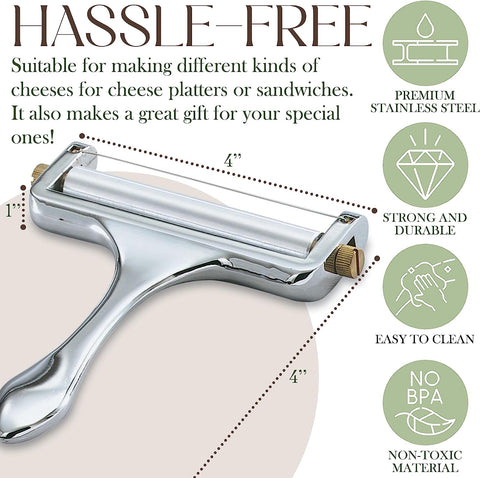 Image of Stainless Steel Wire Cheese Slicer - Hand Held Cheese Cutter for Cheddar, Gruyere, Raclette, Mozzarella Cheese Block, Adjustable Cheese Shaver, Thick & Thin Slicer, Cheese Curler (Silver)