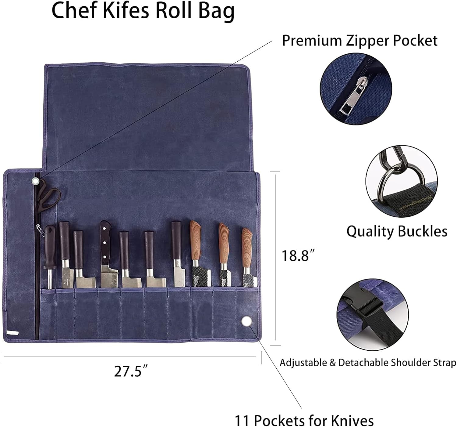 Chef’S Knife Roll Bag, Waxed Canvas Knife Cultery Carrier, Portable Chef Knife Cases, Knife Pouch Holders with 10 Slots plus 1 Zipper Pockets Can Hold Home Kitchen Knife Tools up to 18.8”