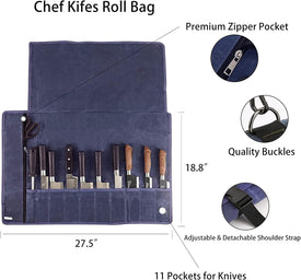 Chef’S Knife Roll Bag, Waxed Canvas Knife Cultery Carrier, Portable Chef Knife Cases, Knife Pouch Holders with 10 Slots plus 1 Zipper Pockets Can Hold Home Kitchen Knife Tools up to 18.8”