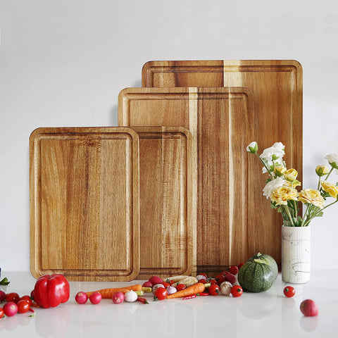 Image of Large Wood Cutting Boards Set of 4 for Kitchen Cheese Charcuterie Board (Gift Box Included) Acacia Butcher Block with Non-Slip Mats, Juice Groove and Handles (16X12, 14X10, Double 11X8 Inch)