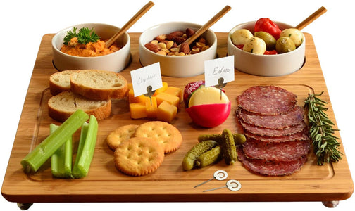 Bamboo Cheese Board/Charcuterie Platter - Includes 3 Ceramic Bowls with Bamboo Spoons & Cheese Markers -13"X 13"- Designed and Quality Checked in the USA