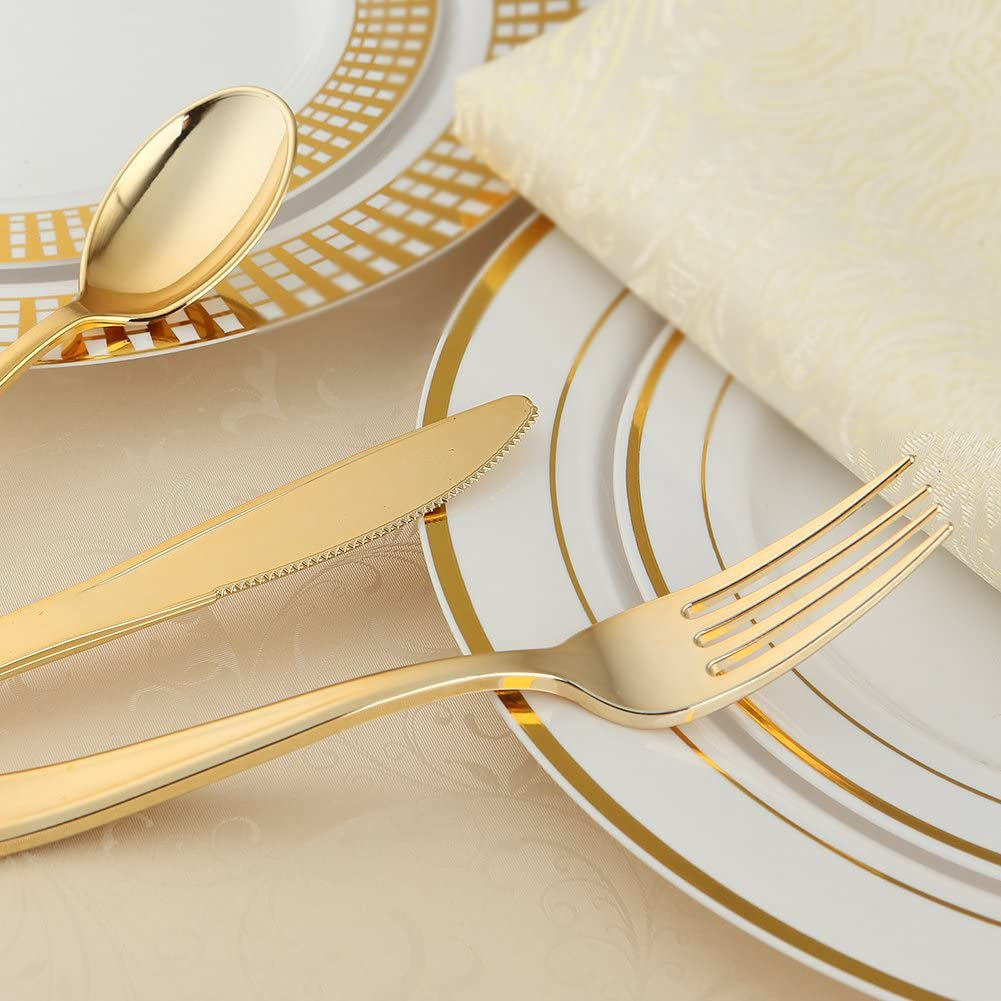 120 Pieces Gold Plastic Silverware - Disposable Flatware Set - Heavy Duty Plastic Cutlery - Silverware Includes 40 Forks, 40 Spoons, 40 Knives - Plastic Silverware