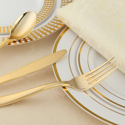 Image of 120 Pieces Gold Plastic Silverware - Disposable Flatware Set - Heavy Duty Plastic Cutlery - Silverware Includes 40 Forks, 40 Spoons, 40 Knives - Plastic Silverware