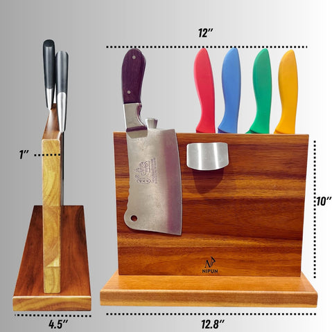 Image of Magnetic Knife Block - Double Sided 12 X 10 Inches Knife Block with Finger Guard - Acacia Wood Knife Holder for Kitchen Counter - Strong Enhanced Magnets in Magnetic Knife Holder Stand