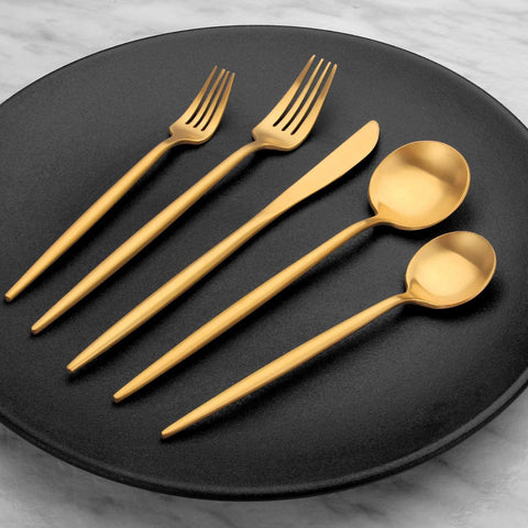 Image of Matte Gold Silverware Set Stainless Steel Satin Finish Flatware Cutlery Set for 4, 20-Piece Spoons and Forks Kitchen Utensil Set, Dishwasher Safe (Matte Gold, 20 P)