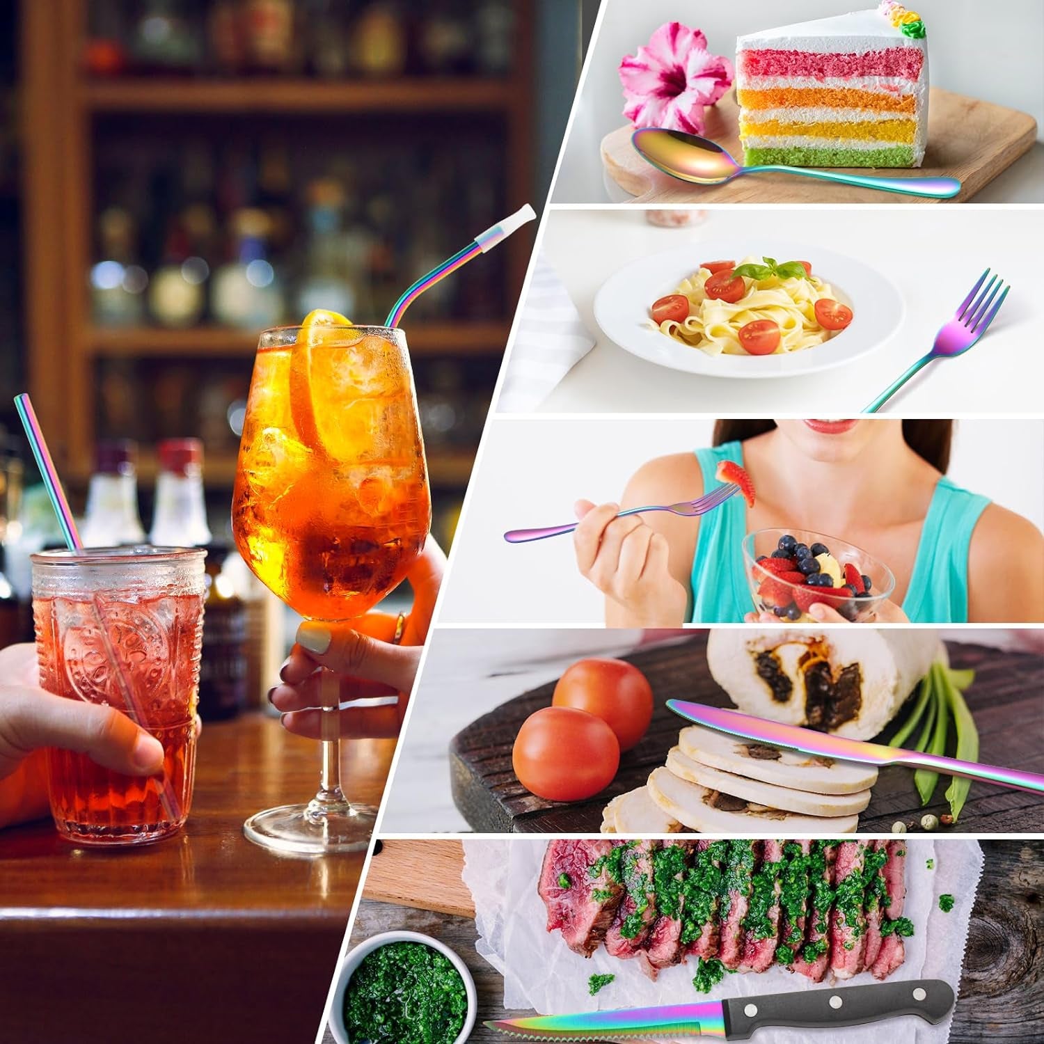 68-Piece Rainbow Silverware Set with Steak Knife for 8, Stainless Steel Flatware Cutlery Set,  Iridescent Dinnerware, Home Kitchen Spoons Forks Knives