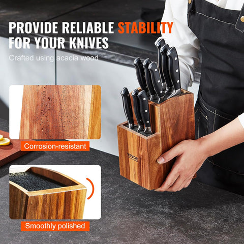 Image of Universal Knife Holder, Acacia Wood Knife Block without Knives, Two-Tier Knife Storage Stand with PP Brush, Extra Large Multifunctional Wooden Knife Organizer, Knife Rack for Kitchen Counter