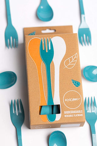 Image of Eco 24 Piece (Fork, Knife, Spoon) Plant Based Cutlery Bamboo Reusable Flatware Set, Blue