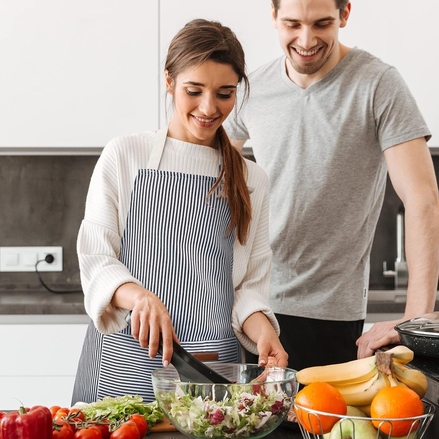 Cooking Apron with Pockets Waterproof Baking Apron Soft Chef Kitchen Aprons Cotton Polyester Blend Adjustable Bib Aprons for Women Men, Crafting BBQ, Black, Blue, Pink, Grey Stripes(4 Pcs)