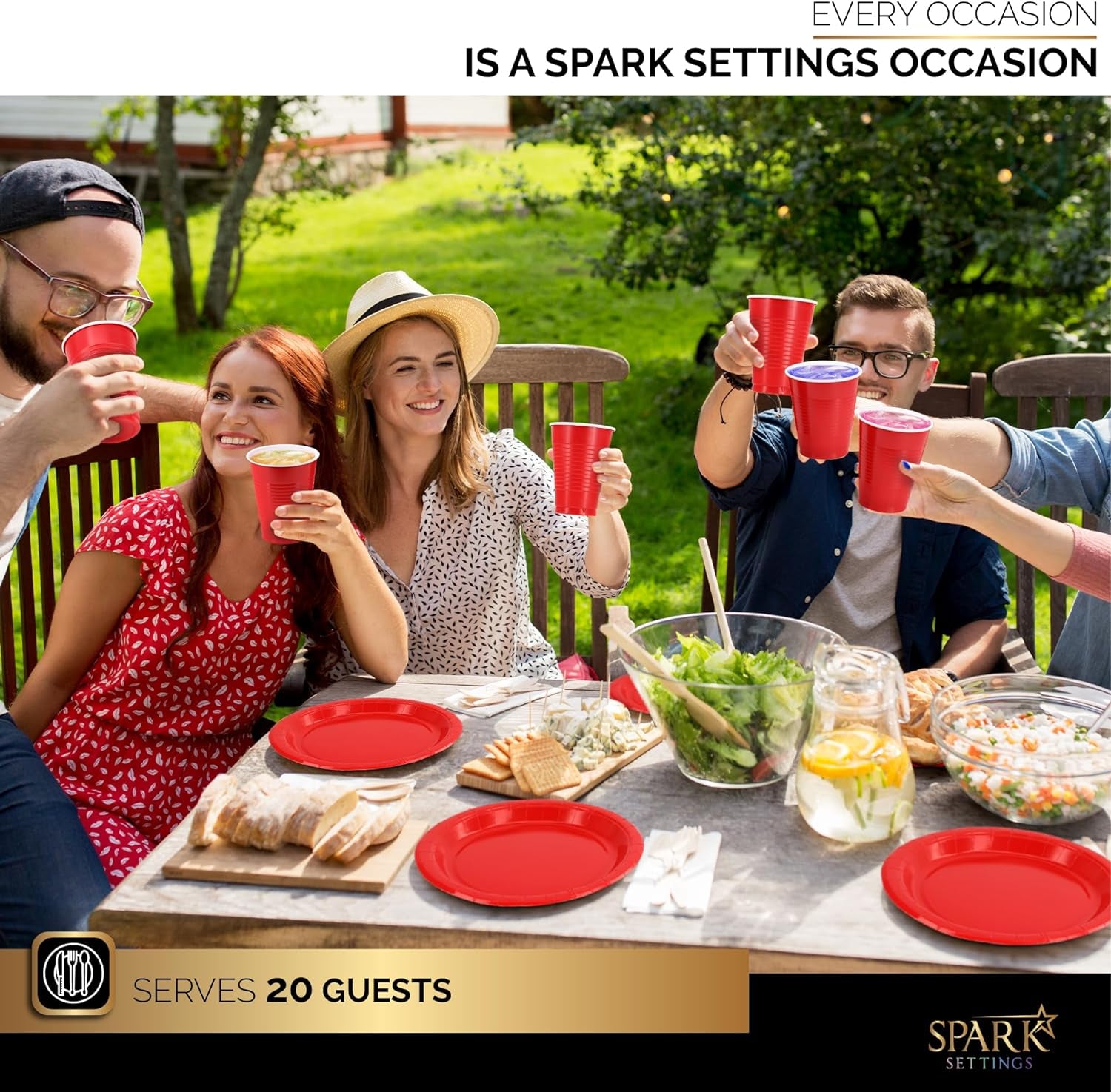 Red Party Supplies Set Paper Plates Plastic Cups Forks Knives Spoons Napkins Tablecloth Serves 20 Guests Disposable Dinnerware Set of 222 Pieces, Complete Tableware for Party - by