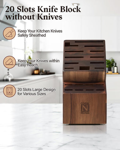 Image of Acacia Wood Knife Storage Block without Knives, 20 Slot Universal Knife Holder Countertop Butcher Block Knife Stand for Easy Kitchen Storage