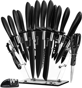 18Pc Kitchen Knife Set with Block, Super Sharp Black Knife Set, Versatile Chef Knife Set with Knife Sharpener & Peeler, Stainless Steel Knives for Kitchen, 6 Steak Knives Included