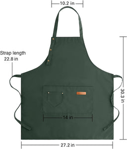 Apron for Men Women with Adjustable Straps and Large Pockets, Canvas Cotton Cooking Kitchen Chef Bib Aprons Waterproof Green