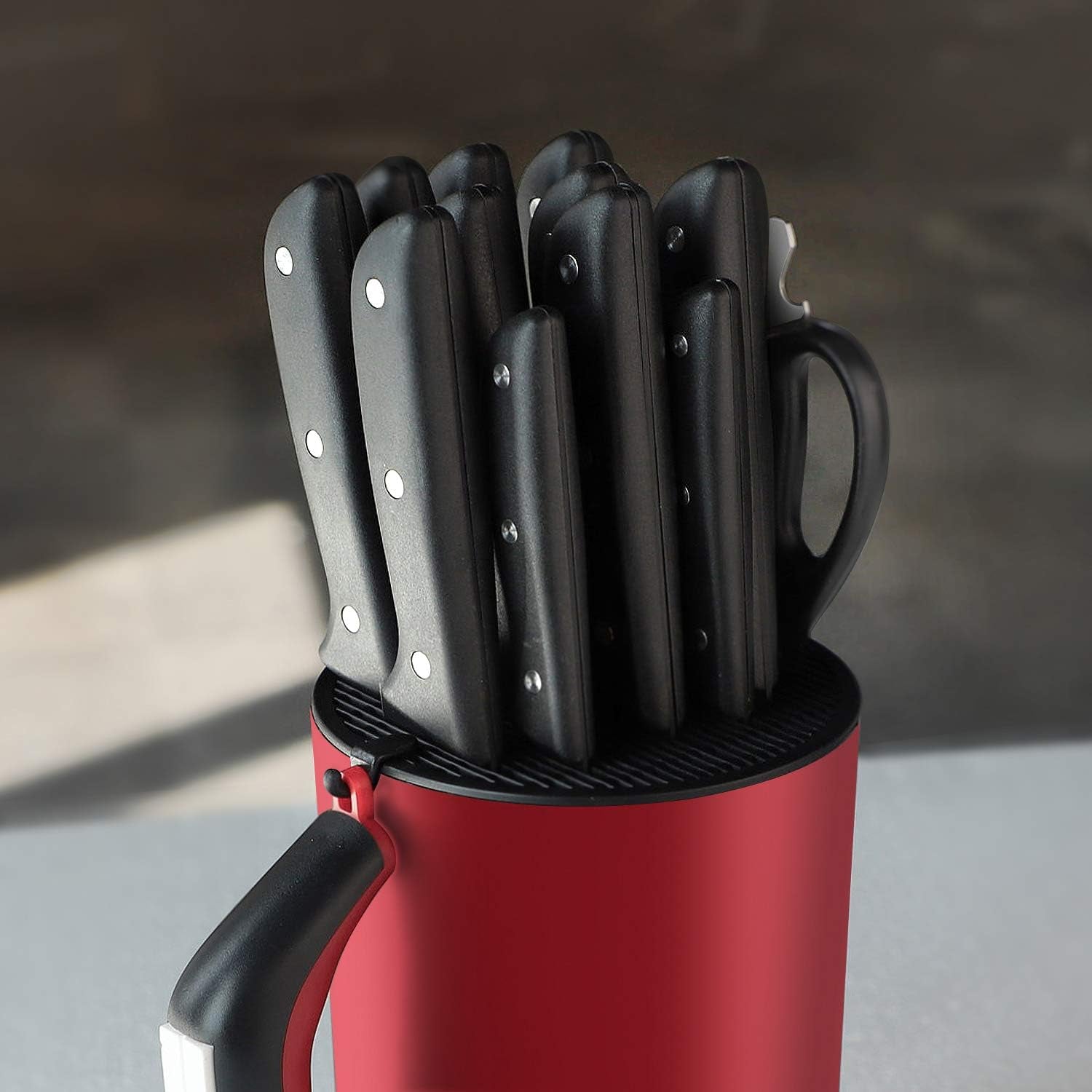 Universal Knife Block Holder - round Kitchen Knife Storage Unique Slot Design to Protect Blades, Space Saver Knife Organizer Detachable for Easy Cleaning, Red