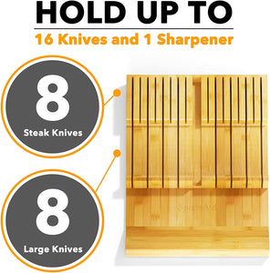 Bamboo Knife Drawer Organizer Insert, Kitchen Steak Knives Holder Organizers Block for Drawer Storage Organization (16 Knife Slots and 1 Sharpener Slot)