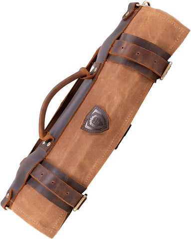 Image of Carrier Bag Case, Nomad Knife Roll - 12Oz Heavy Duty Canvas & Top Grain Leather Roll Bag - 13 Slots - Interior and Rear Zippered Pockets - Blade Travel Storage/Case, Desert Drifter (Brown)