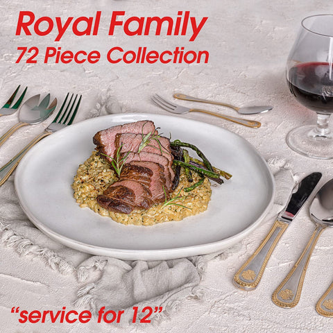 Image of Royal Family Collection 72 Piece Fine Flatware Silverware Set with Gift Carrying Case, Elegant Design, Serves Parties 12 People, Perfect Housewarming Graduation for Loved Ones, Gold