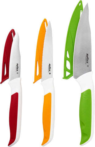 Image of E920240 Comfort 3 Piece Knife Set | Multiple Sizes | Japanese Stainless Steel | Multicolour | 3 X Kitchen Knives with Protection Covers | Dishwasher Safe | 5 Year Guarantee