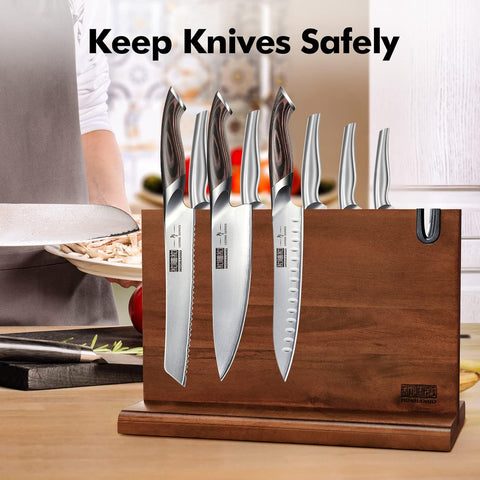 Image of Magnetic Knife Block 14 X 10 Inches, Double Sided Magnetic Knife Holder Rack for Kitchen Counter, Acacia Wood Magnetic Knife Storage Stand with Knife Sharpener