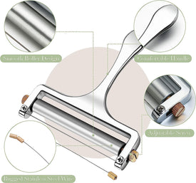 Stainless Steel Wire Cheese Slicer - Hand Held Cheese Cutter for Cheddar, Gruyere, Raclette, Mozzarella Cheese Block, Adjustable Cheese Shaver, Thick & Thin Slicer, Cheese Curler (Silver)